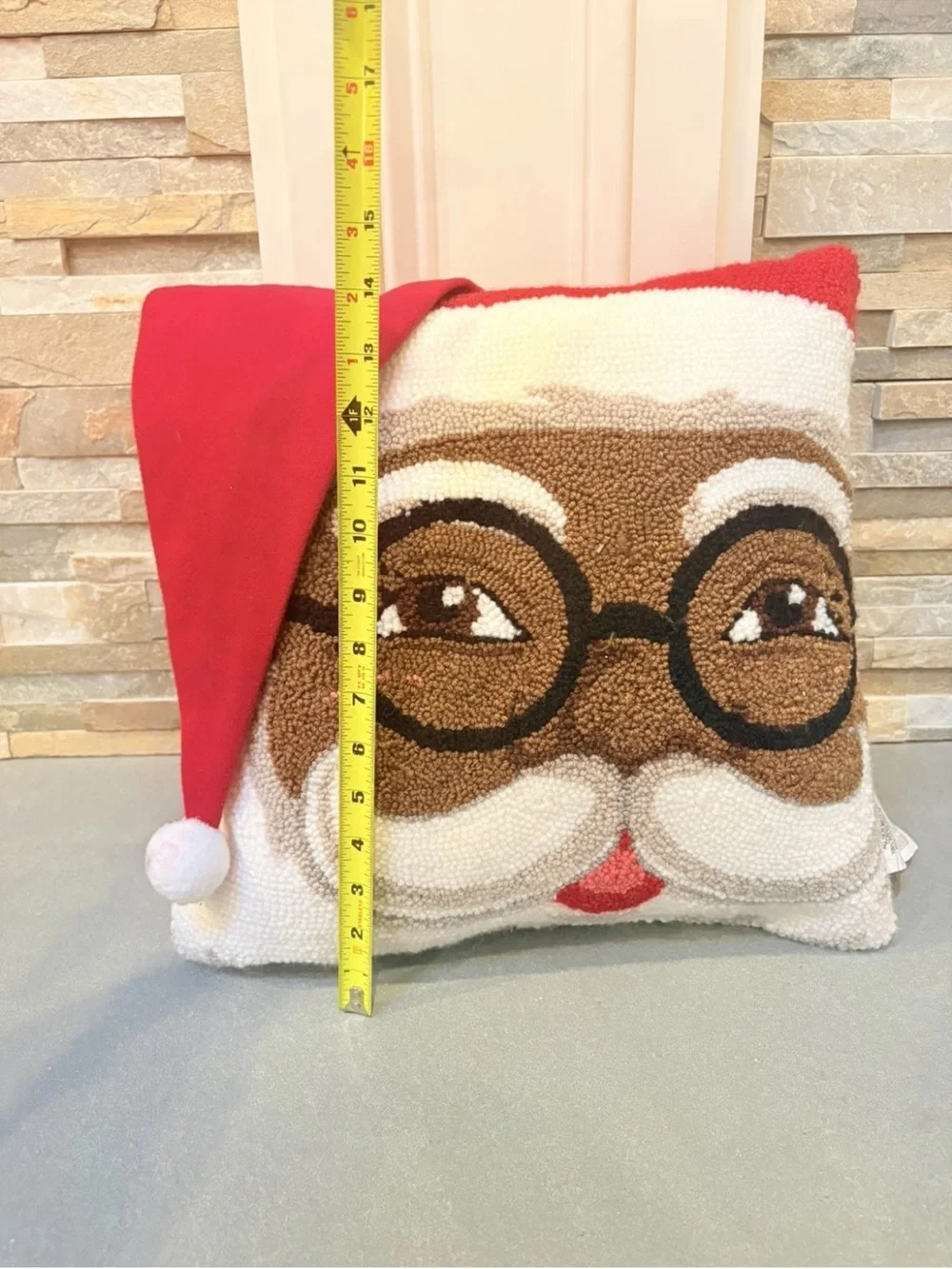 Ashland Christmas Peppermint Lane Santa Square Pillow 14x14 Pom Pom